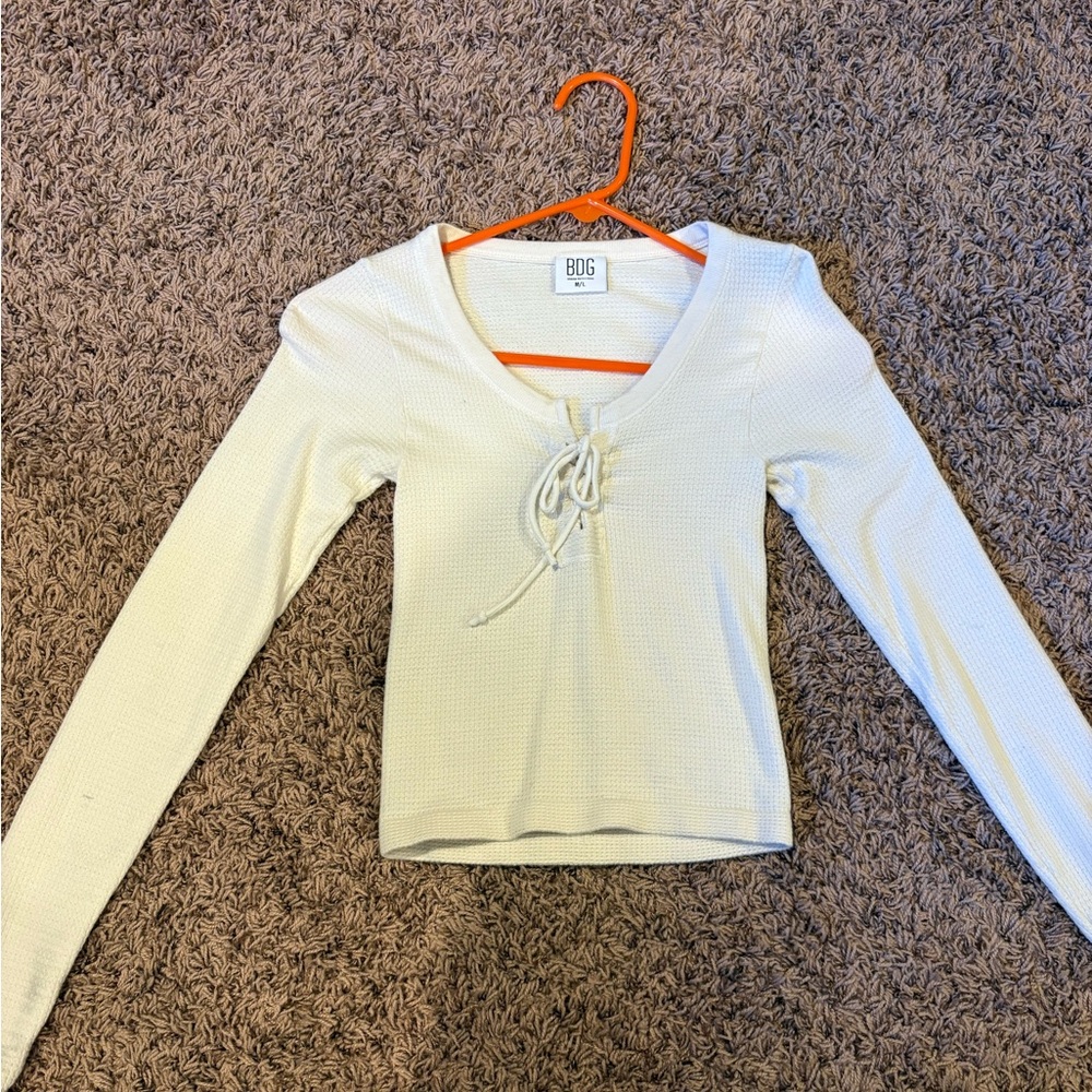 BDG Cream Long Sleeve Lace-Up Top